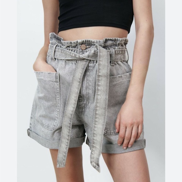 ZARA gray denim paper bag short - Picture 1 of 10